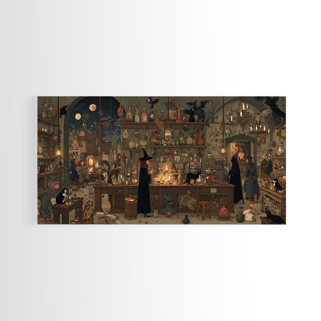 The Witch'S Cat Cafe, Northern Renaissance Horror, Wide Panoramic Art, Gothic Horror Wall Art, Framed Canvas Print
