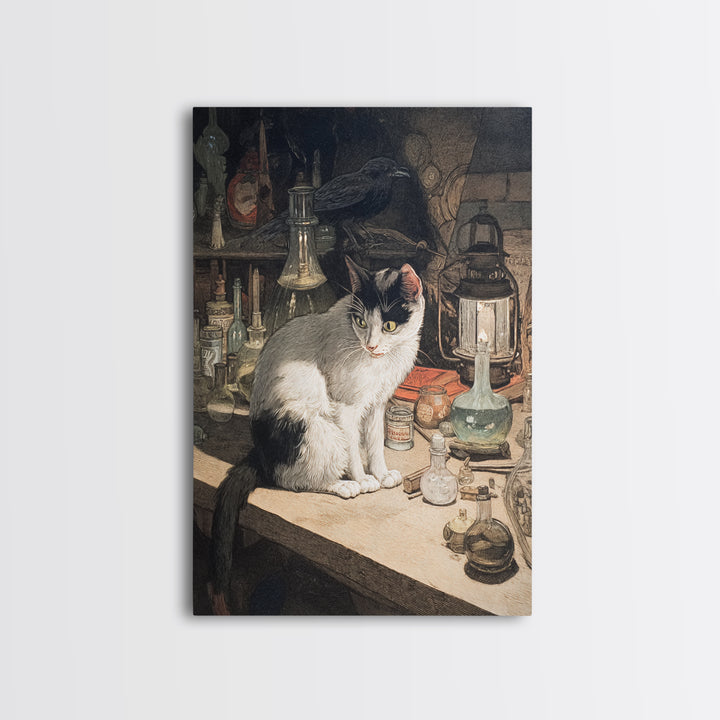 The Witch'S Cat Cafe, Dark Renaissance Art, Vertical Wall Art, Macabre Wall Art, Framed Canvas Print, Halloween Wall Art