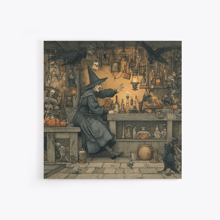 The Witch'S Cat Cafe, Danse Macabre Art, Square Wall Art, Dark Fantasy Wall Art, Framed Canvas Print, Halloween Wall Art
