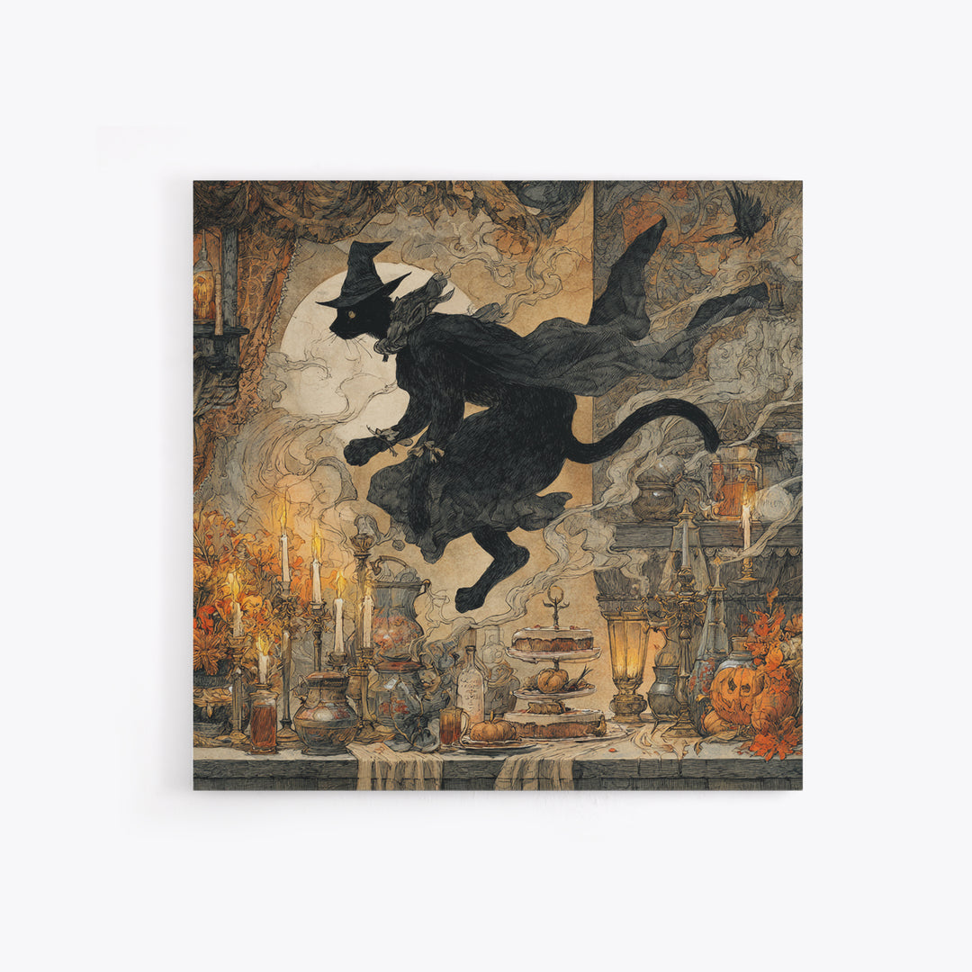 The Witch'S Cat Cafe, Baroque Witchcraft Art, Square Wall Art, Dark Halloween Decor, Framed Canvas Print, Halloween Wall Art