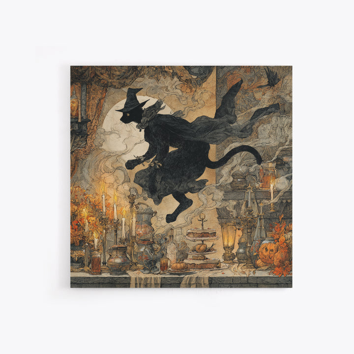 The Witch'S Cat Cafe, Baroque Witchcraft Art, Square Wall Art, Dark Halloween Decor, Framed Canvas Print, Halloween Wall Art
