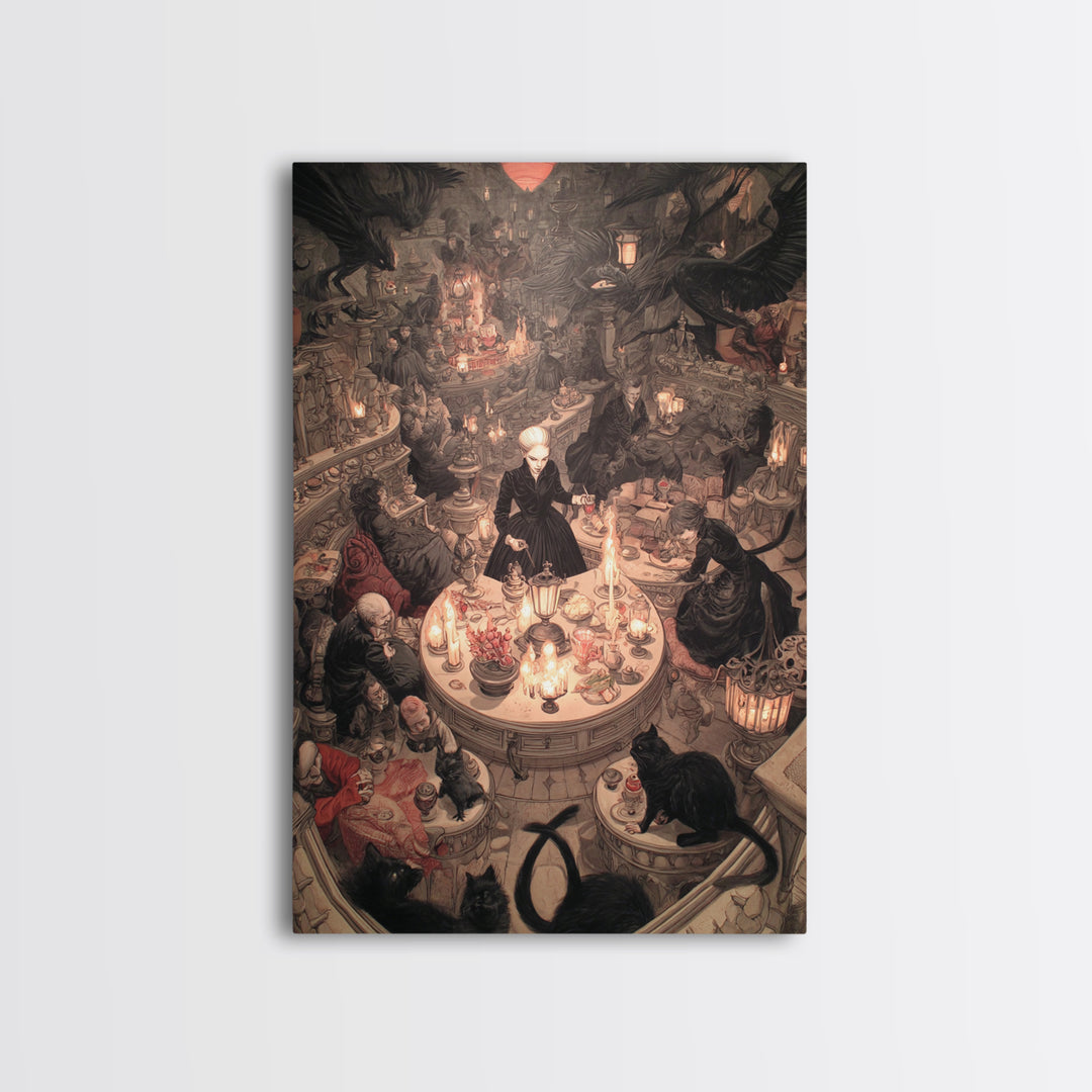 The Witch'S Cat Cafe, Gothic Nightmare Art, Vertical Wall Art, Gothic Horror Wall Art, Framed Canvas Print, Halloween Wall Art