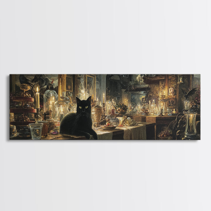 The Witch'S Cat Cafe, Visionary Gothic Art, Extra Wide Wall Art, Dark Fantasy Wall Art, Canvas Print, Halloween Wall Art