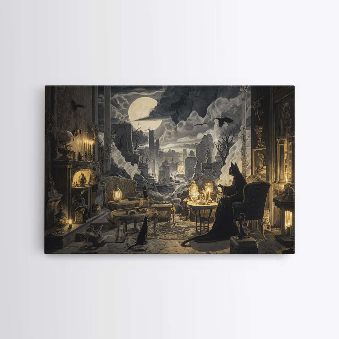The Witch'S Cat Cafe, Romantic Gothic Landscape, Landscape Wall Art, Dark Halloween Decor, Framed Canvas Print, Halloween Wall Art