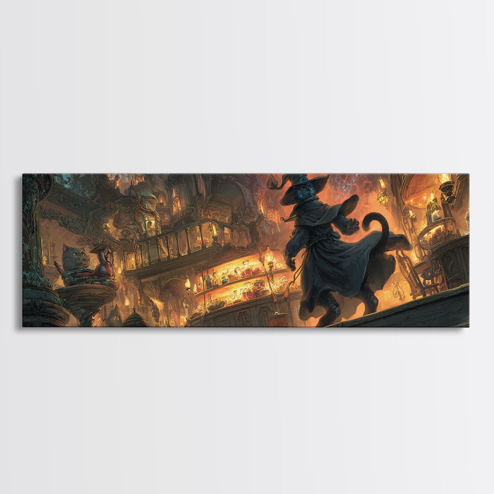The Witch'S Cat Cafe, Apocalyptic Romantic Art, Extra Wide Wall Art, Macabre Wall Art, Canvas Print, Halloween Wall Art, Seasonal Home Decor