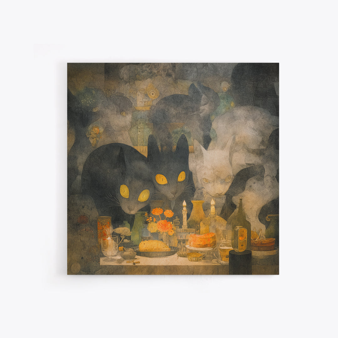 The Witch'S Cat Cafe, Symbolist Dream Art, Square Wall Art, Macabre Wall Art, Framed Canvas Print, Halloween Wall Art, Horror Wall Art