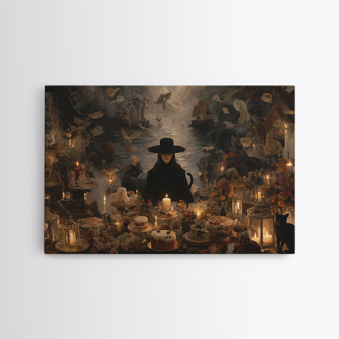 The Witch'S Cat Cafe, Symbolist Gothic Landscape, Landscape Wall Art, Gothic Horror Wall Art, Canvas Print, Halloween Wall Art