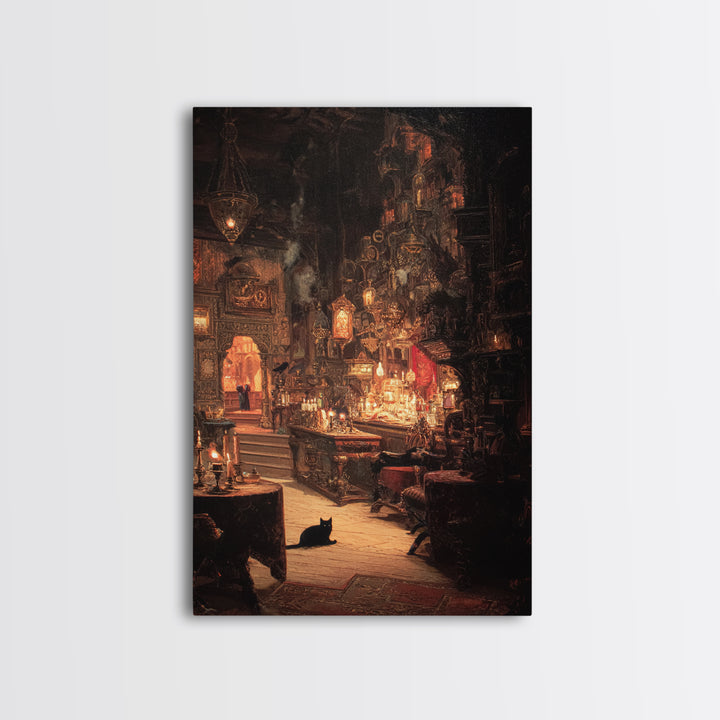 The Witch'S Cat Cafe, Ornate Symbolist Art, Vertical Wall Art, Macabre Wall Art, Framed Canvas Print, Halloween Wall Art