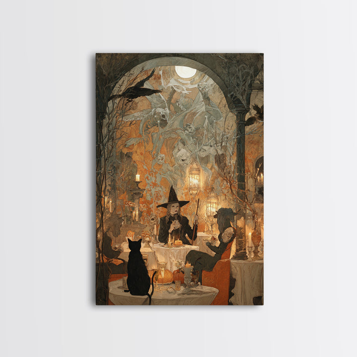 The Witch'S Cat Cafe, Decadent Gothic Art, Vertical Wall Art, Gothic Horror Wall Art, Framed Canvas Print, Halloween Wall Art