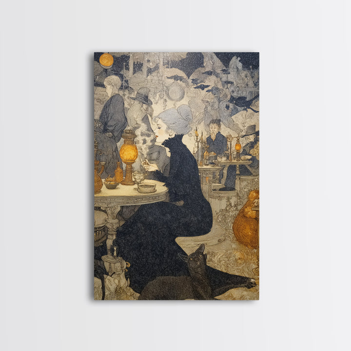 The Witch'S Cat Cafe, Symbolist Death Art, Vertical Wall Art, Gothic Horror Wall Art, Canvas Print, Halloween Wall Art
