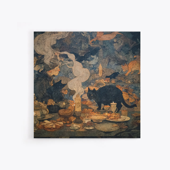 The Witch'S Cat Cafe, Dark Symbolist Art, Square Wall Art, Dark Halloween Decor, Framed Canvas Print, Halloween Wall Art