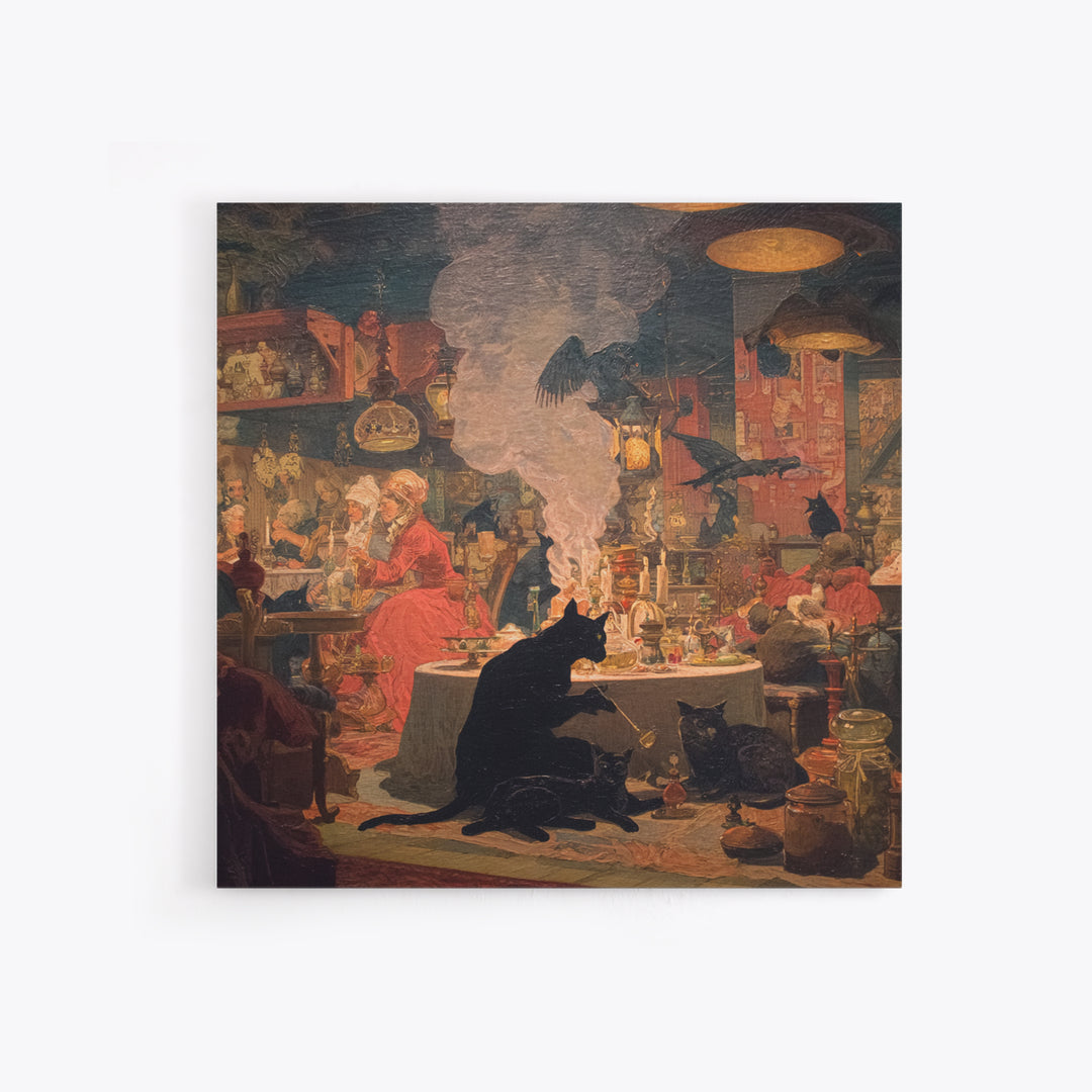The Witch'S Cat Cafe, Symbolist Etching Art, Square Wall Art, Dark Halloween Decor, Canvas Print, Halloween Wall Art, Gothic Home Decor
