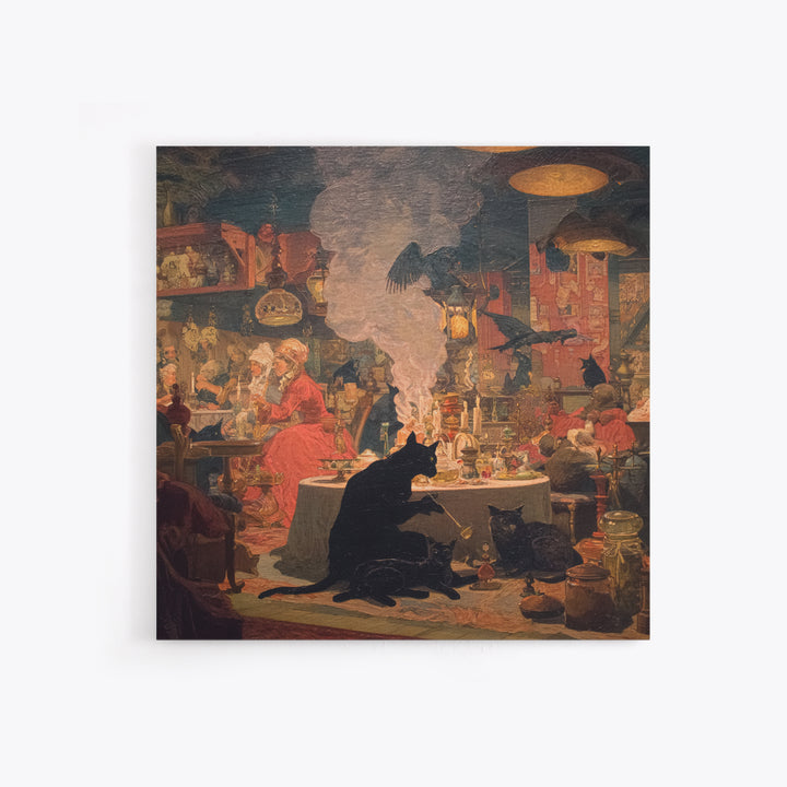 The Witch'S Cat Cafe, Symbolist Etching Art, Square Wall Art, Dark Halloween Decor, Canvas Print, Halloween Wall Art, Gothic Home Decor