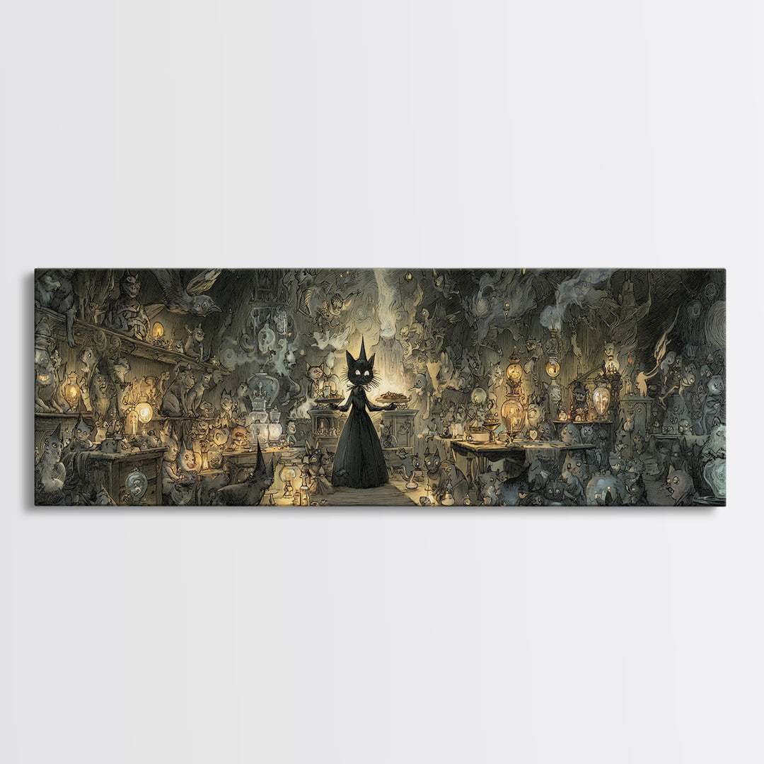 The Witch'S Cat Cafe, Expressionist Nightmare Art, Extra Wide Wall Art, Dark Halloween Decor, Canvas Print, Halloween Wall Art