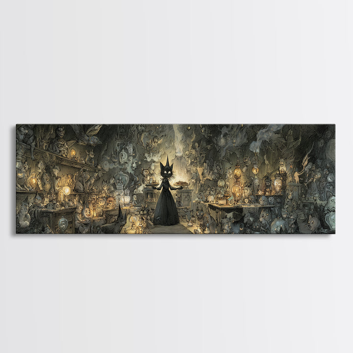 The Witch'S Cat Cafe, Expressionist Nightmare Art, Extra Wide Wall Art, Dark Halloween Decor, Canvas Print, Halloween Wall Art
