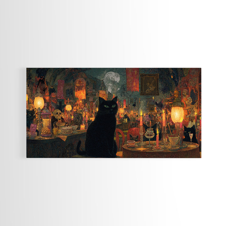 The Witch'S Cat Cafe, Grotesque Carnival Art, Wide Panoramic Art, Dark Halloween Decor, Framed Canvas Print, Halloween Wall Art