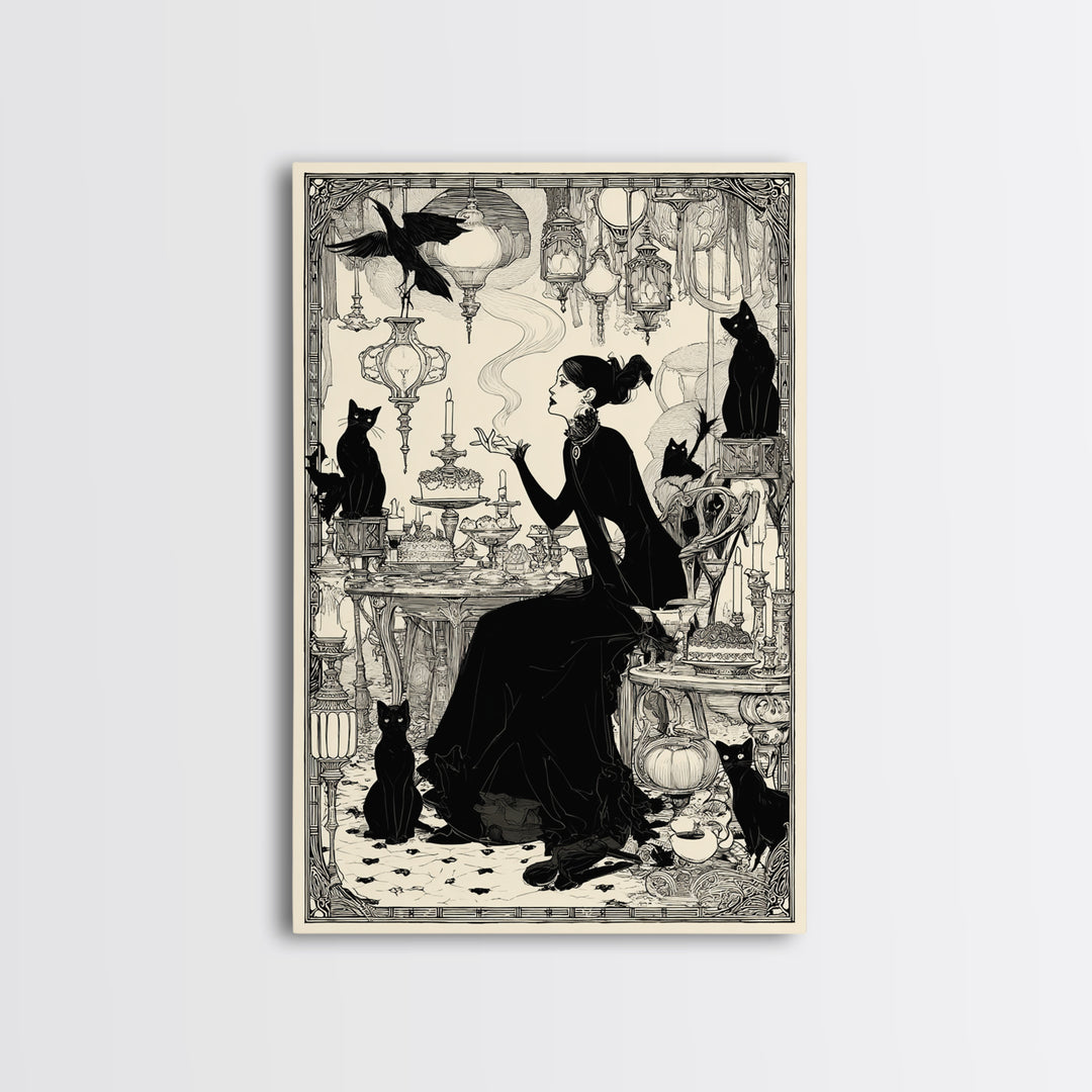 The Witch'S Cat Cafe, Decadent Line Art, Vertical Wall Art, Gothic Horror Wall Art, Framed Canvas Print, Halloween Wall Art