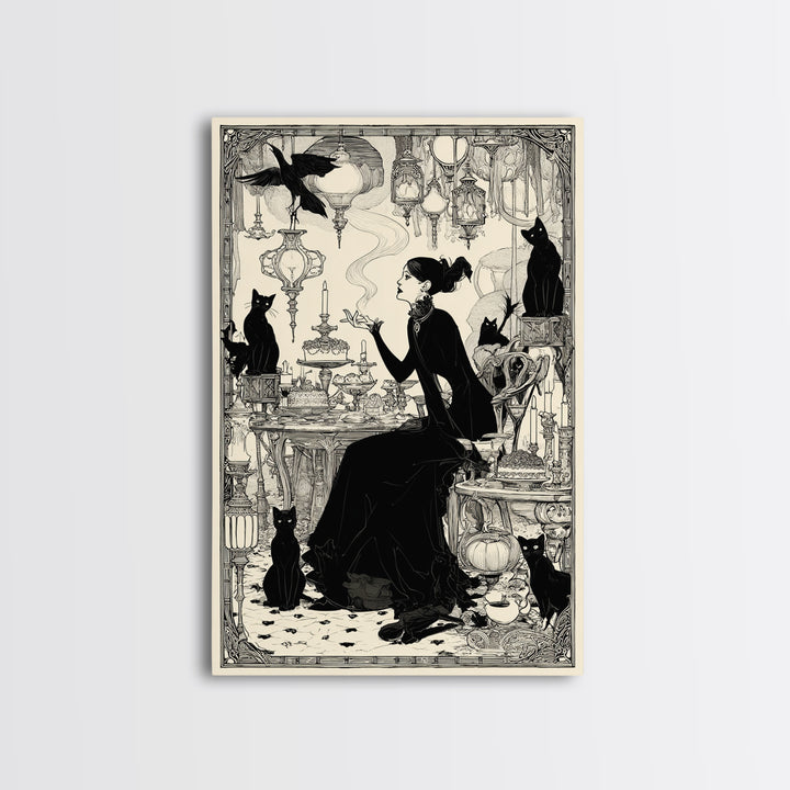 The Witch'S Cat Cafe, Decadent Line Art, Vertical Wall Art, Gothic Horror Wall Art, Framed Canvas Print, Halloween Wall Art