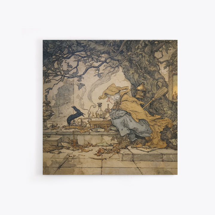 The Witch'S Cat Cafe, Gothic Storybook Art, Square Wall Art, Dark Halloween Decor, Canvas Print, Halloween Wall Art