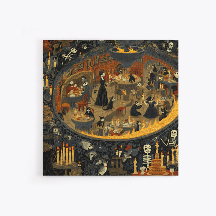 The Witch'S Cat Cafe, Macabre Folk Print Art, Square Wall Art, Macabre Wall Art, Framed Canvas Print, Halloween Wall Art