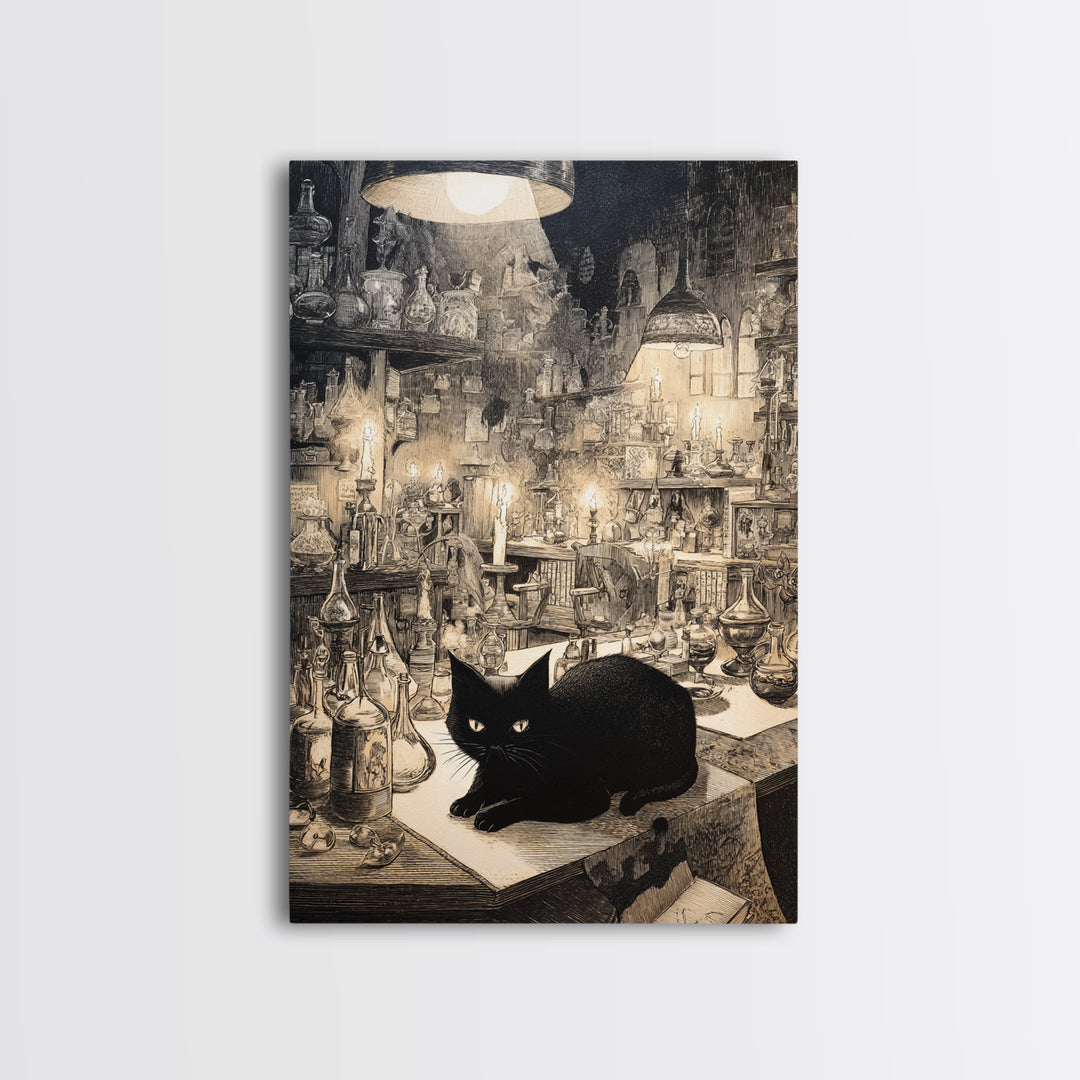 The Witch'S Cat Cafe, Victorian Macabre Art, Vertical Wall Art, Macabre Wall Art, Framed Canvas Print, Halloween Wall Art
