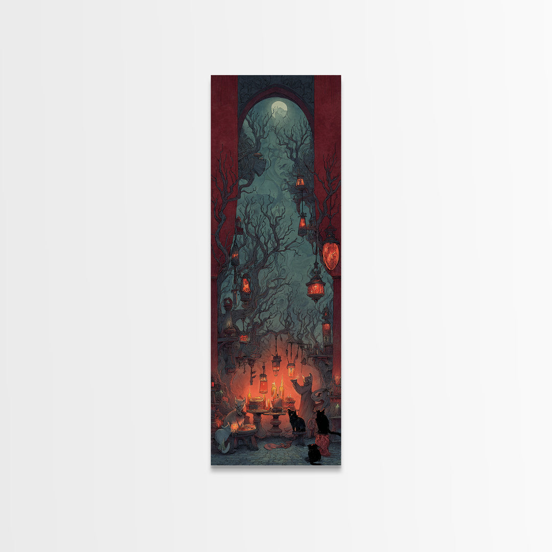 The Witch'S Cat Cafe, Surreal Apocalyptic Art, Tall Narrow Wall Art, Dark Fantasy Wall Art, Framed Canvas Print, Halloween Wall Art