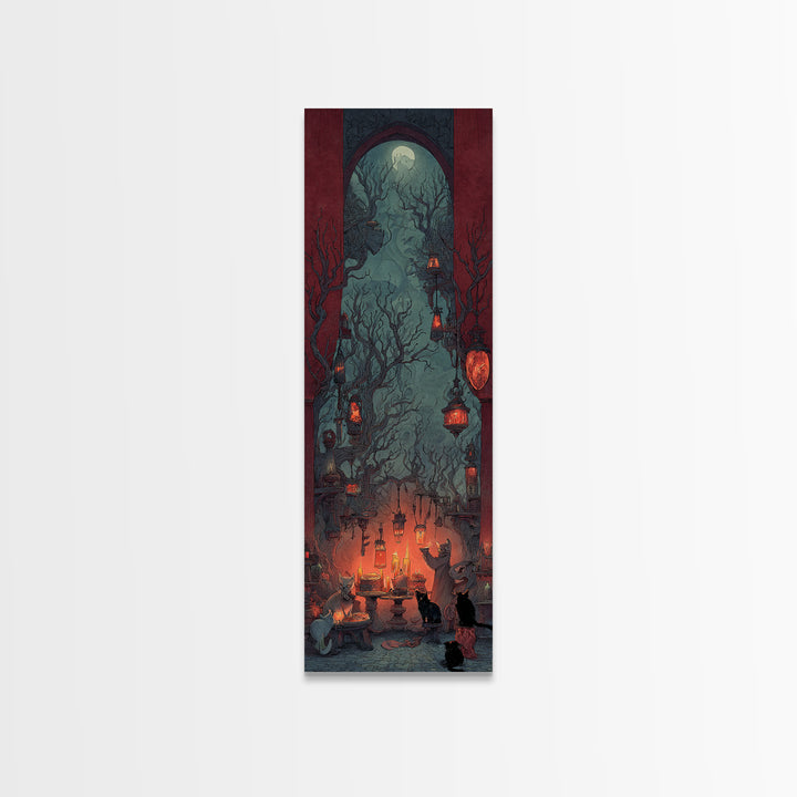The Witch'S Cat Cafe, Surreal Apocalyptic Art, Tall Narrow Wall Art, Dark Fantasy Wall Art, Framed Canvas Print, Halloween Wall Art