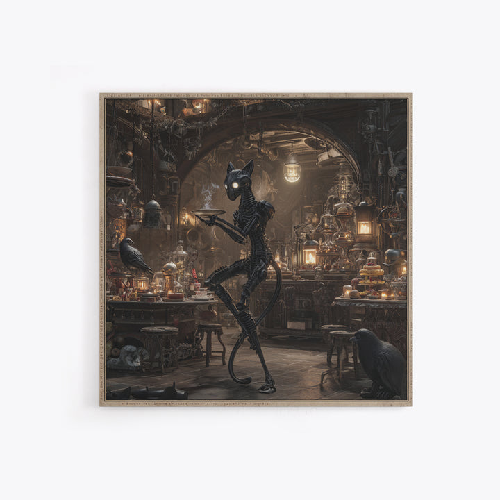 The Witch'S Cat Cafe, Biomechanical Horror Art, Square Wall Art, Dark Halloween Decor, Framed Canvas Print, Halloween Wall Art