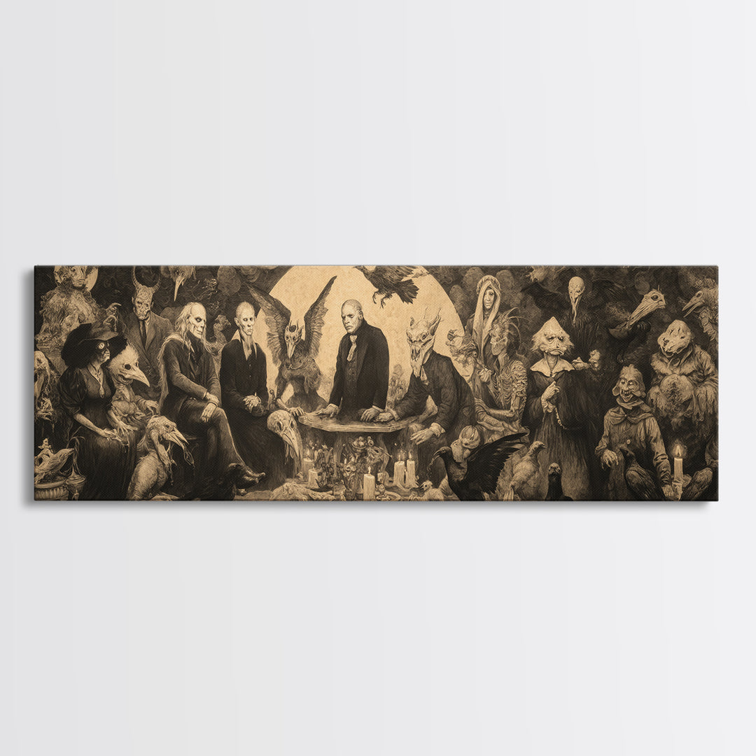 The Monster Family Portrait, Dark Romantic Horror Art, Extra Wide Wall Art, Dark Halloween Decor, Canvas Print, Halloween Wall Art