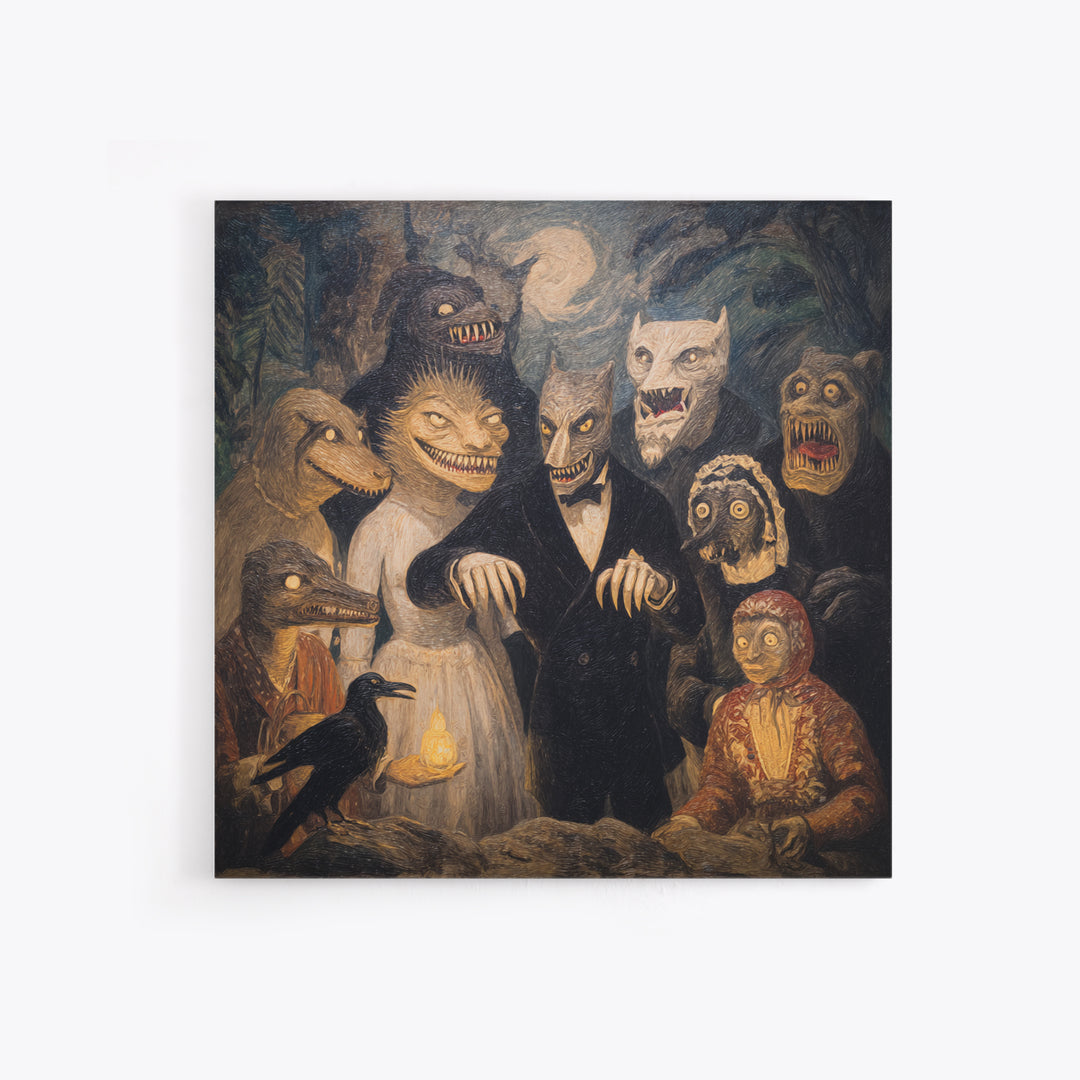 The Monster Family Portrait, Expressionist Gothic Art, Square Wall Art, Dark Halloween Decor, Framed Canvas Print, Halloween Wall Art