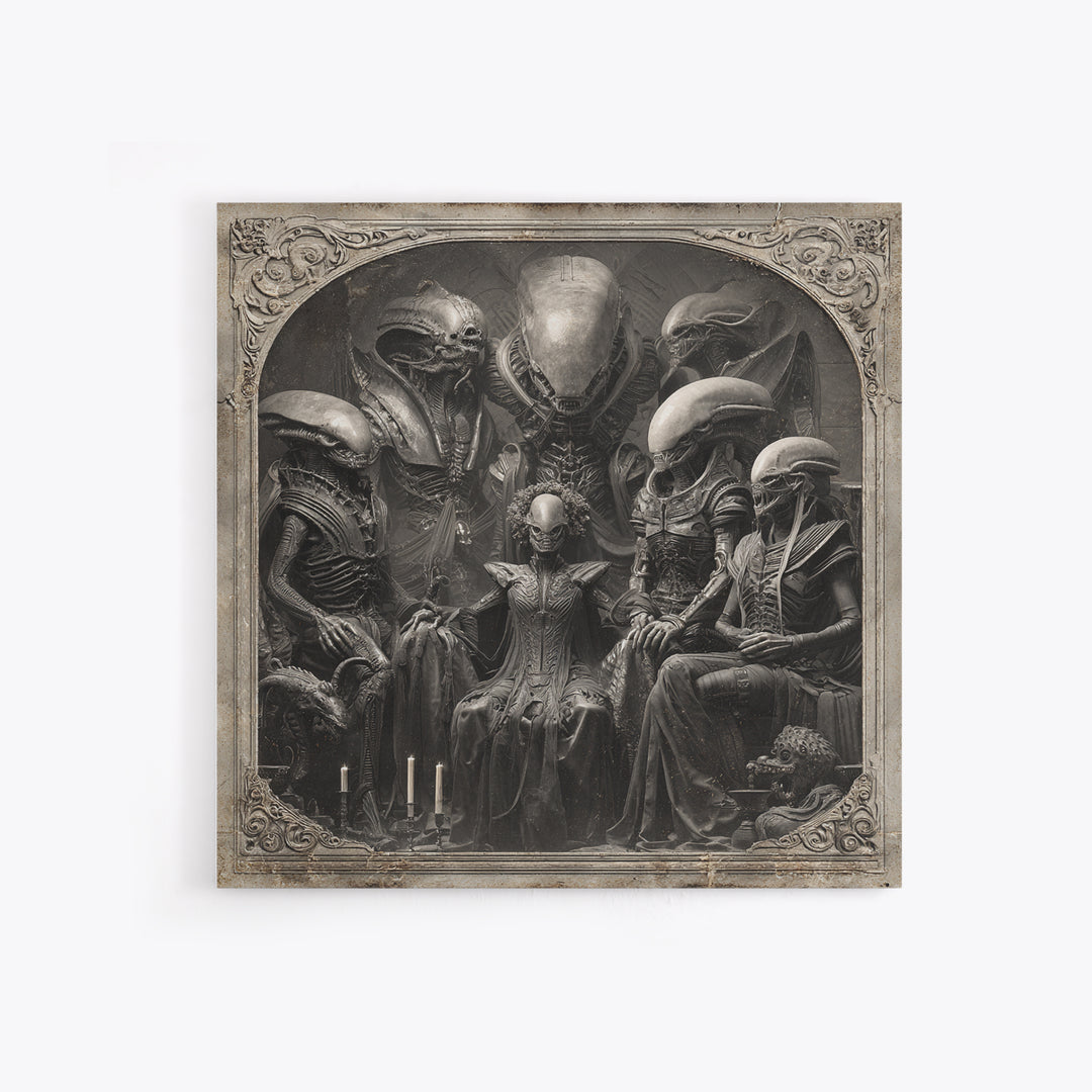 The Monster Family Portrait, Biomechanical Horror Art, Square Wall Art, Macabre Wall Art, Framed Canvas Print, Halloween Wall Art