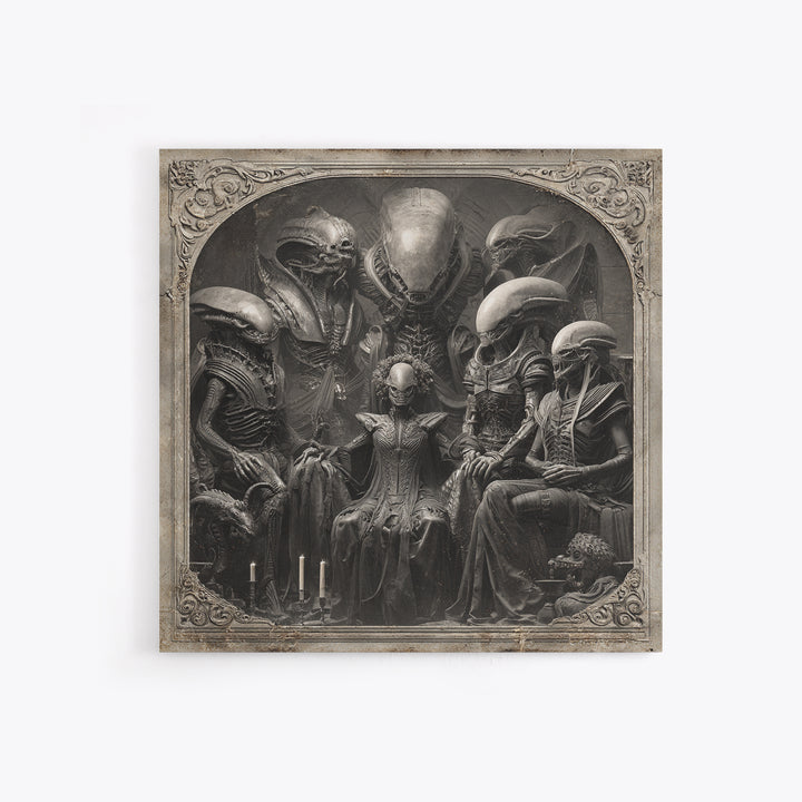 The Monster Family Portrait, Biomechanical Horror Art, Square Wall Art, Macabre Wall Art, Framed Canvas Print, Halloween Wall Art