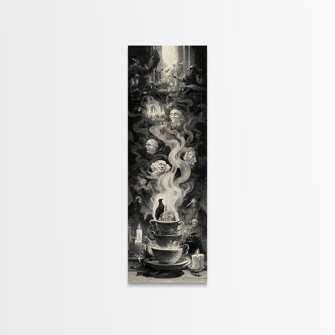 Tiny Ghosts In Teacups, Gothic Engraving Art, Tall Narrow Wall Art, Dark Fantasy Wall Art, Framed Canvas Print, Halloween Wall Art