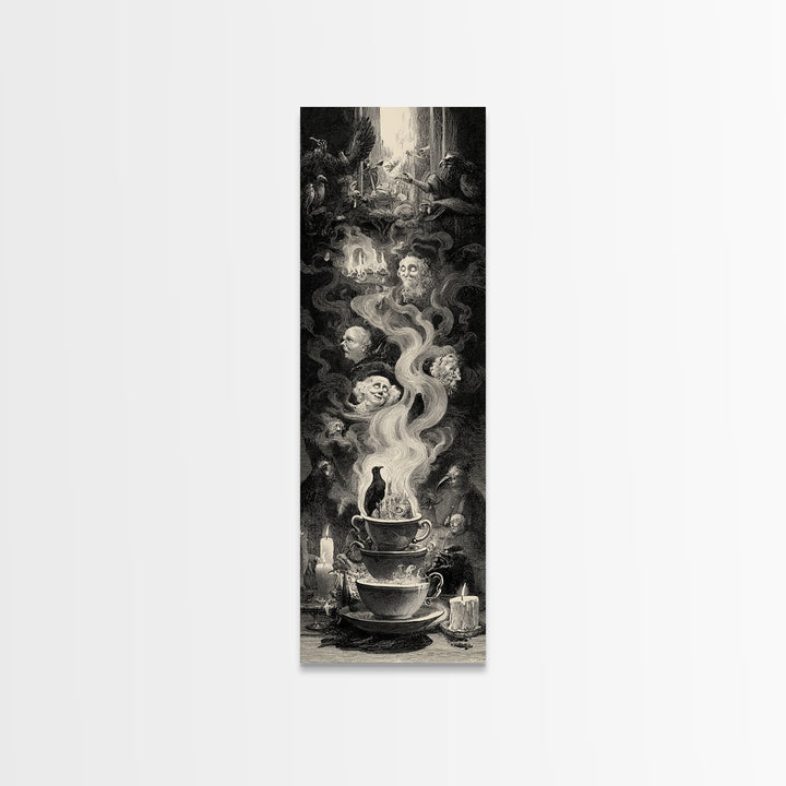 Tiny Ghosts In Teacups, Gothic Engraving Art, Tall Narrow Wall Art, Dark Fantasy Wall Art, Framed Canvas Print, Halloween Wall Art