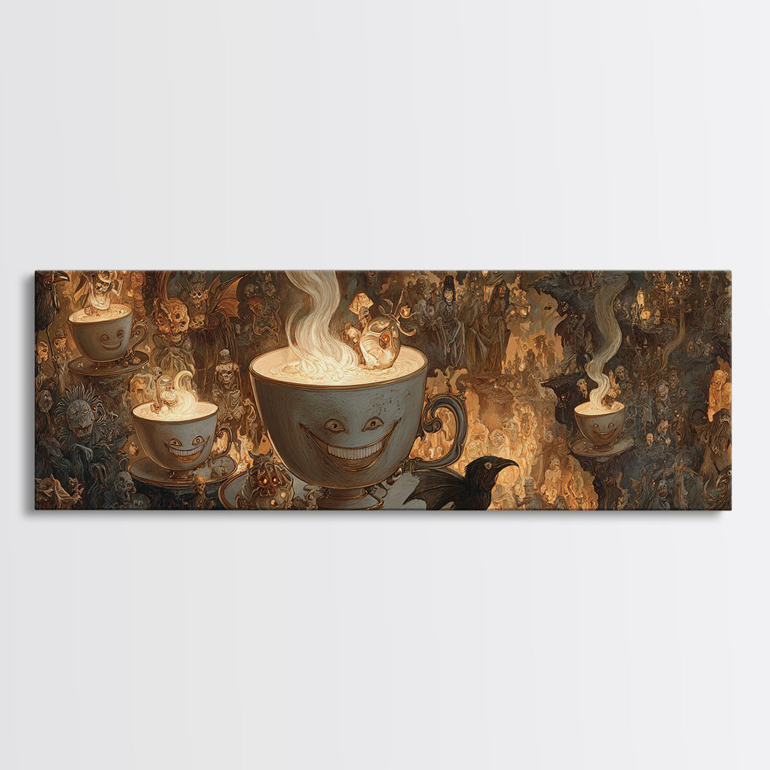 Tiny Ghosts In Teacups, Medieval Grotesque Art, Extra Wide Wall Art, Dark Halloween Decor, Framed Canvas Print, Halloween Wall Art