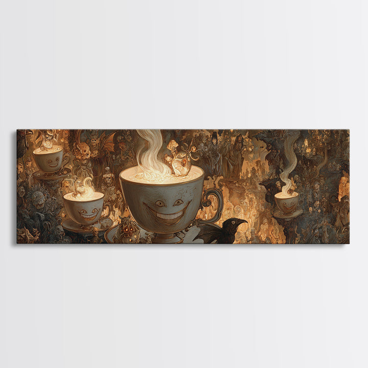 Tiny Ghosts In Teacups, Medieval Grotesque Art, Extra Wide Wall Art, Dark Halloween Decor, Framed Canvas Print, Halloween Wall Art
