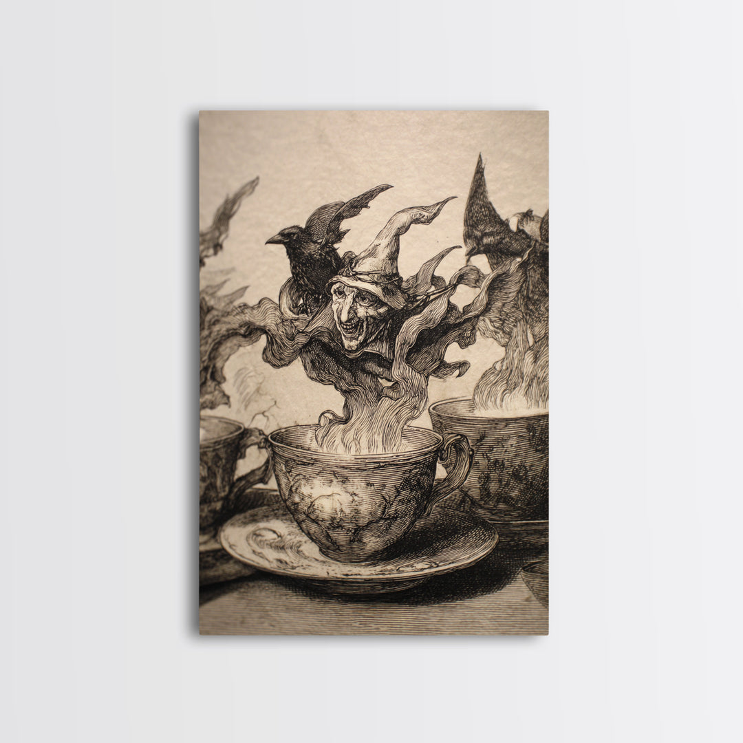 Tiny Ghosts In Teacups, Renaissance Engraving Art, Vertical Wall Art, Dark Fantasy Wall Art, Canvas Print, Halloween Wall Art