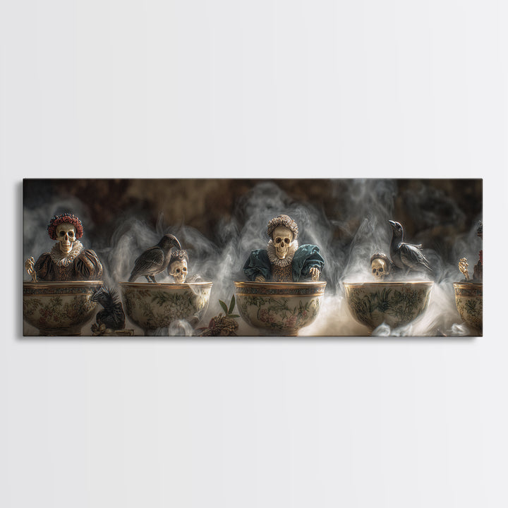 Tiny Ghosts In Teacups, Danse Macabre Art, Extra Wide Wall Art, Dark Fantasy Wall Art, Framed Canvas Print