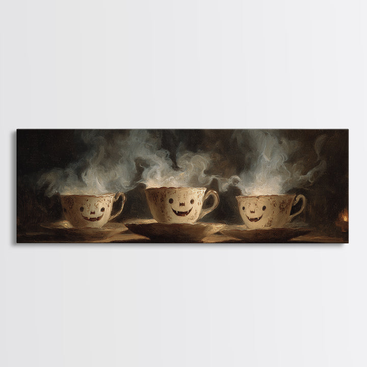 Tiny Ghosts In Teacups, Dark Romantic Horror Art, Extra Wide Wall Art, Macabre Wall Art, Canvas Print, Halloween Wall Art