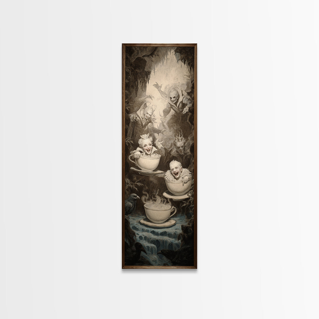 Tiny Ghosts In Teacups, Gothic Nightmare Art, Tall Narrow Wall Art, Macabre Wall Art, Framed Canvas Print, Halloween Wall Art