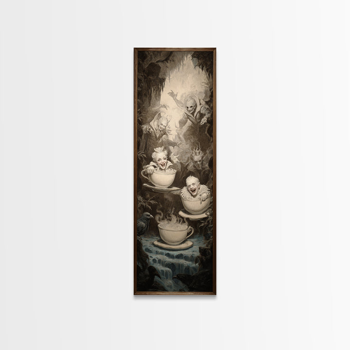 Tiny Ghosts In Teacups, Gothic Nightmare Art, Tall Narrow Wall Art, Macabre Wall Art, Framed Canvas Print, Halloween Wall Art