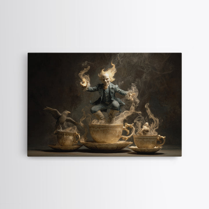 Tiny Ghosts In Teacups, Visionary Gothic Art, Landscape Wall Art, Dark Halloween Decor, Framed Canvas Print, Halloween Wall Art