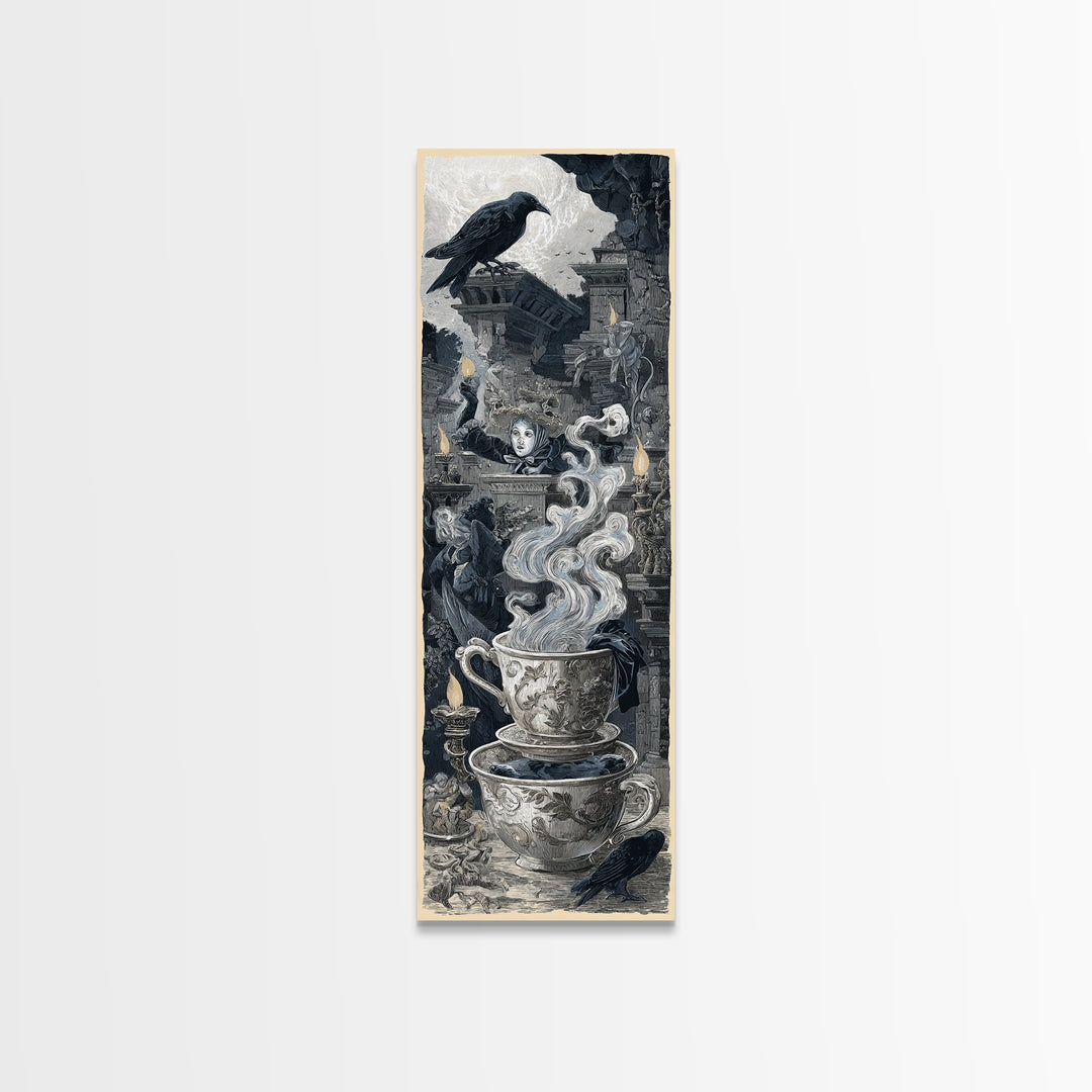 Tiny Ghosts In Teacups, Architectural Etching Art, Tall Narrow Wall Art, Dark Fantasy Wall Art, Framed Canvas Print