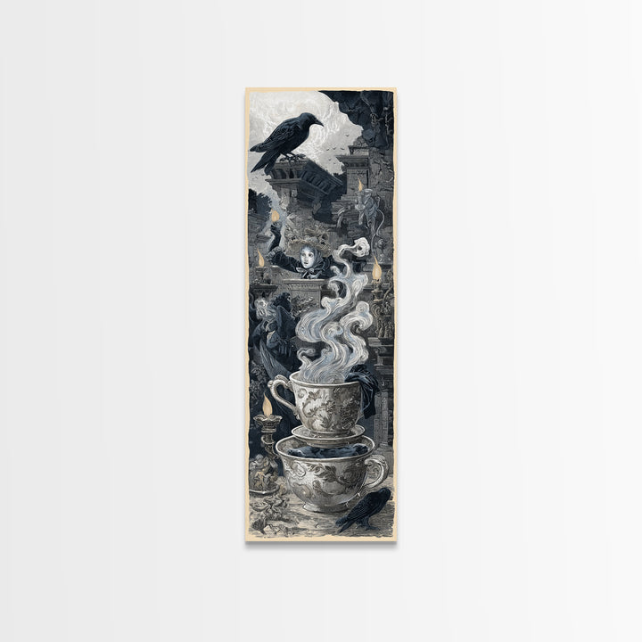 Tiny Ghosts In Teacups, Architectural Etching Art, Tall Narrow Wall Art, Dark Fantasy Wall Art, Framed Canvas Print