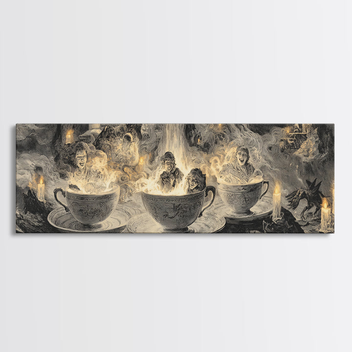 Tiny Ghosts In Teacups, Apocalyptic Romantic Art, Extra Wide Wall Art, Macabre Wall Art, Canvas Print, Halloween Wall Art, Dark Fantasy Art