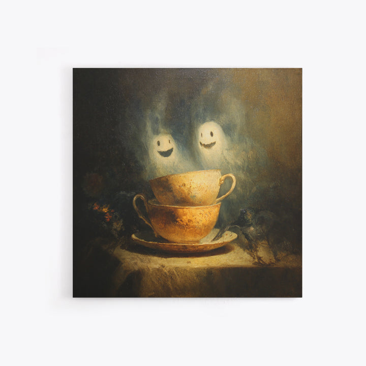 Tiny Ghosts In Teacups, Symbolist Dream Art, Square Wall Art, Dark Halloween Decor, Canvas Print, Halloween Wall Art