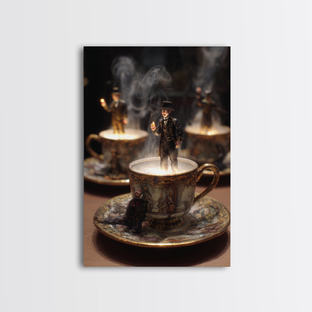 Tiny Ghosts In Teacups, Ornate Symbolist Art, Vertical Wall Art, Dark Fantasy Wall Art, Framed Canvas Print, Halloween Wall Art