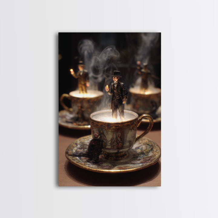 Tiny Ghosts In Teacups, Ornate Symbolist Art, Vertical Wall Art, Dark Fantasy Wall Art, Framed Canvas Print, Halloween Wall Art