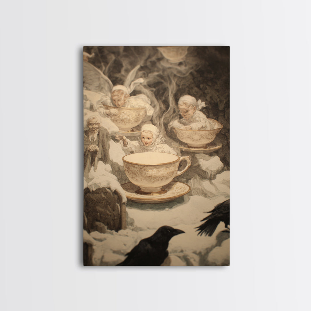 Tiny Ghosts In Teacups, Symbolist Death Art, Vertical Wall Art, Dark Fantasy Wall Art, Canvas Print, Halloween Wall Art