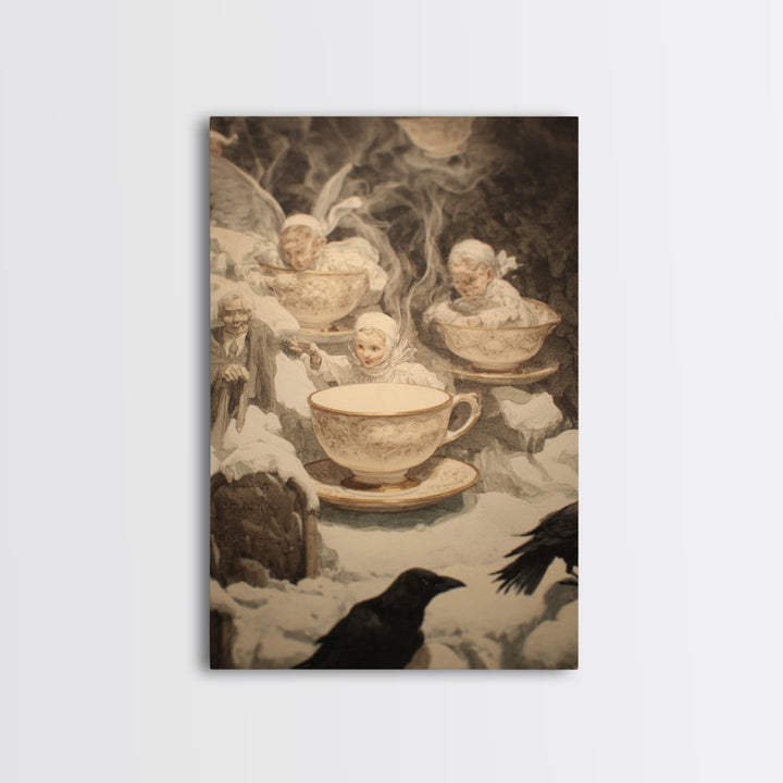 Tiny Ghosts In Teacups, Symbolist Death Art, Vertical Wall Art, Dark Fantasy Wall Art, Canvas Print, Halloween Wall Art